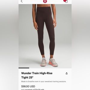 Lululemon Wunder Train leggings color: espresso size 4. only worn 2-3 times!